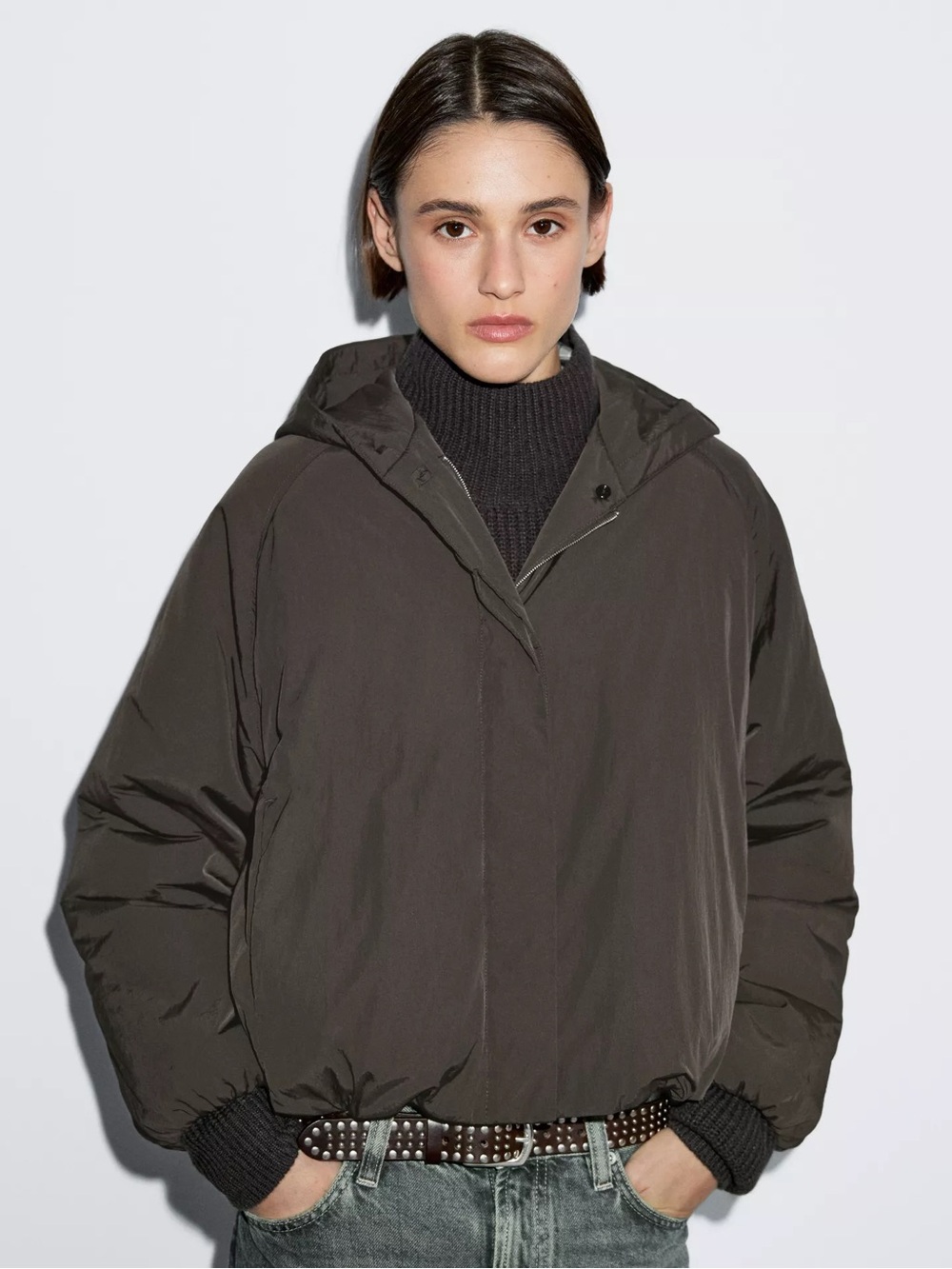 Massimo Dutti Women's Hooded Puffer Jacket - Dark Gray Olive
